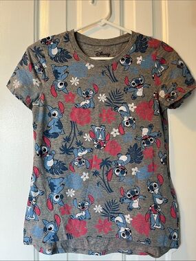 Disney Grey Short-Sleeve Stitch Tee with Blue & Pink Print